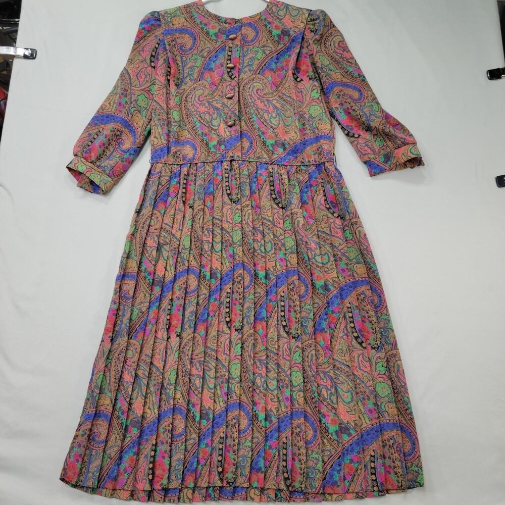 Lady Carol Petites Size 12 Paisley Midi Dress 80s Boho Elegant Whimsical Vibrnt